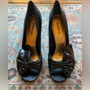 bebe Black Patent Peep-Toe Bow Heels